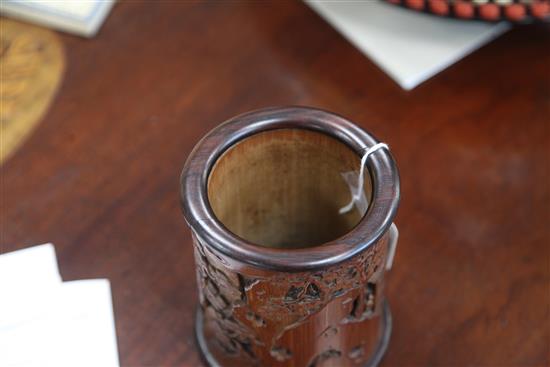 A Chinese bamboo brush pot, height 15cm, some fine splits